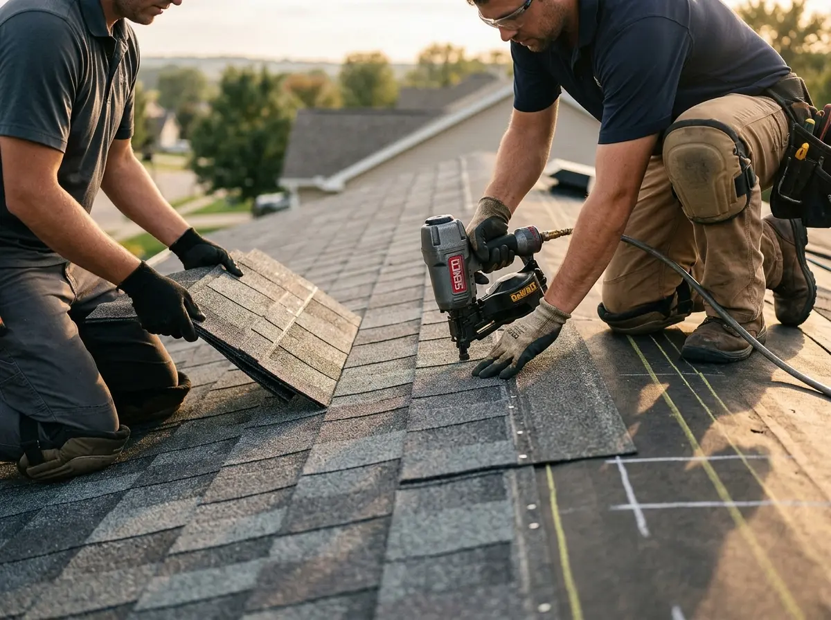 Professional roofer working on a residential roof in Moreno Valley
